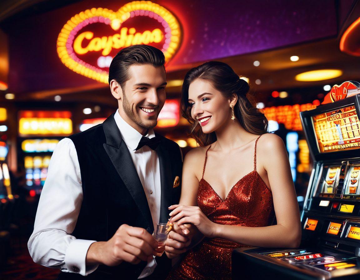 A romantic scene set in a lively casino, featuring a couple joyfully playing slot machines together, surrounded by bright flashing lights and vibrant colors. Emphasize their excitement and connection, with hearts and coins symbolizing love and luck floating in the air. Include a backdrop of a glamorous casino with other players enjoying the thrill. super-realistic. vibrant colors. cinematic lighting.