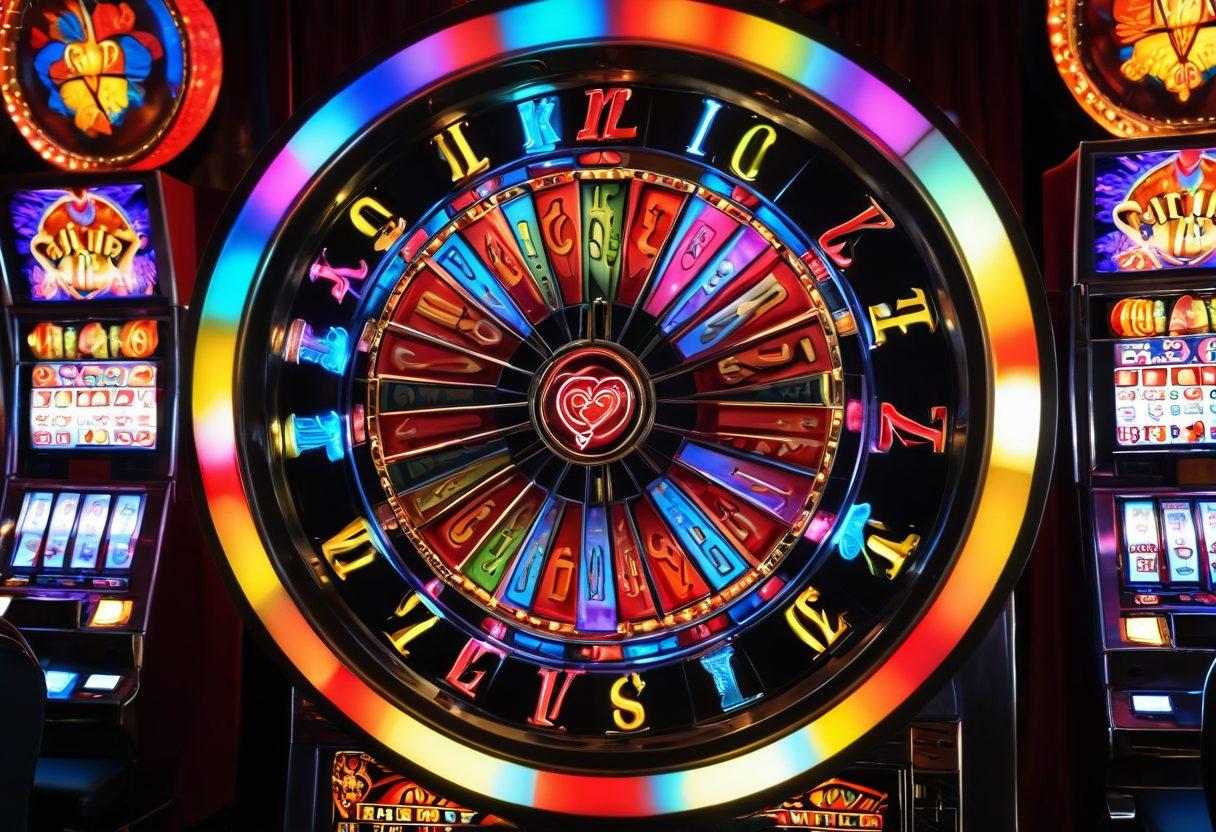 A colorful, interactive wheel adorned with romantic symbols like hearts, roses, and champagne glasses, set against a vibrant casino backdrop featuring slot machines. Soft glowing lights illuminate the scene, creating an exciting and enticing atmosphere. Include playful characters engaging with the wheel, expressing joy and anticipation. surreal, vibrant colors, high detail.